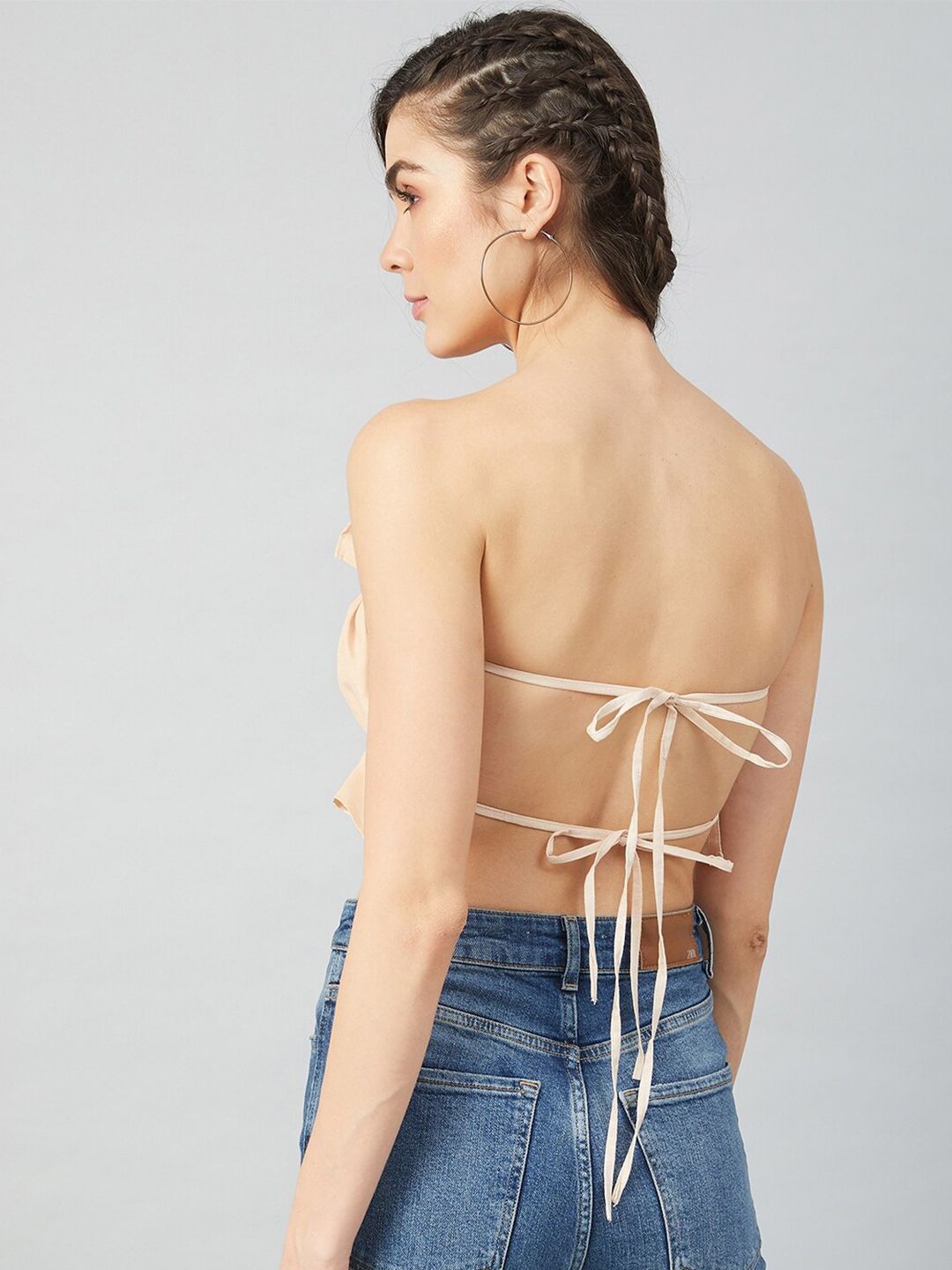 Athena Women Beige Ruched Tube Crop Top
