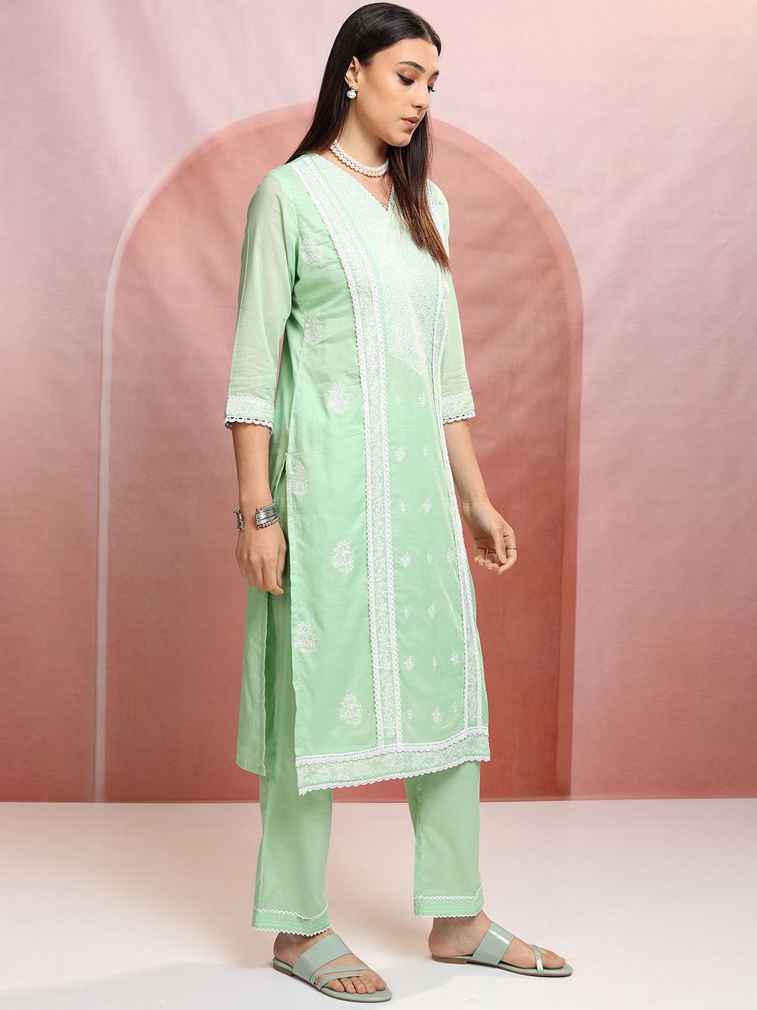 Vishudh Floral Embroidered Pure Cotton Straight Kurta with Trousers & With Dupatta