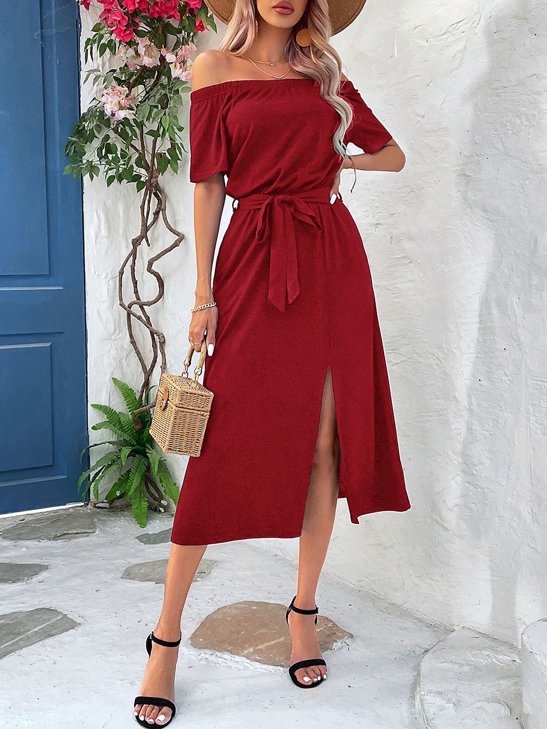 DressBerry Off-Shoulder A-Line Belted Midi Dress with Slit