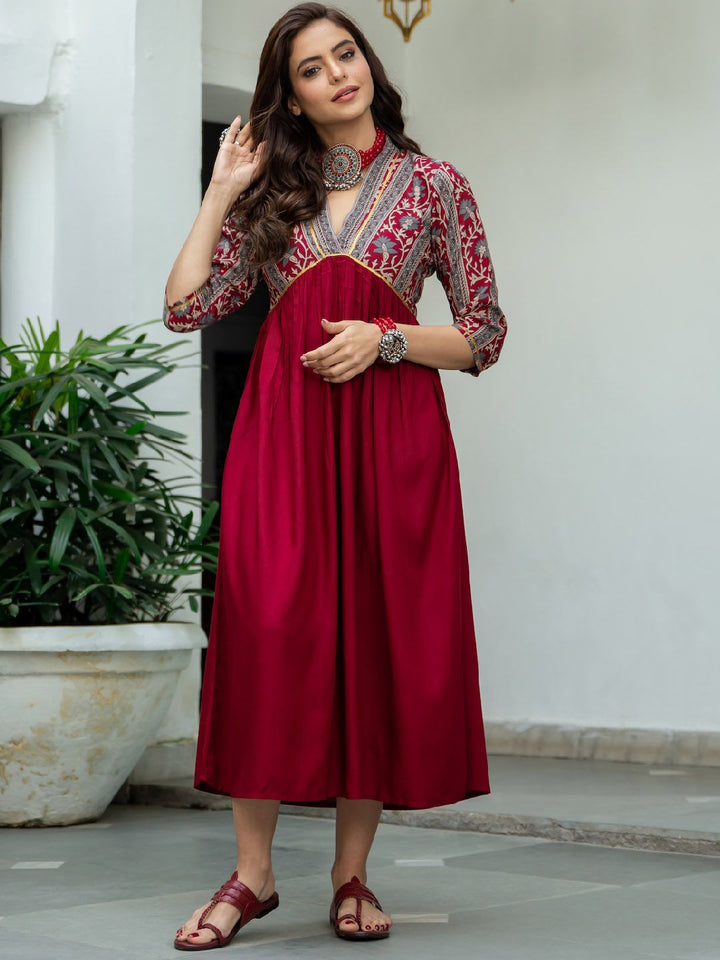 Rustorange Women Maroon & Grey Printed A-Line Dress
