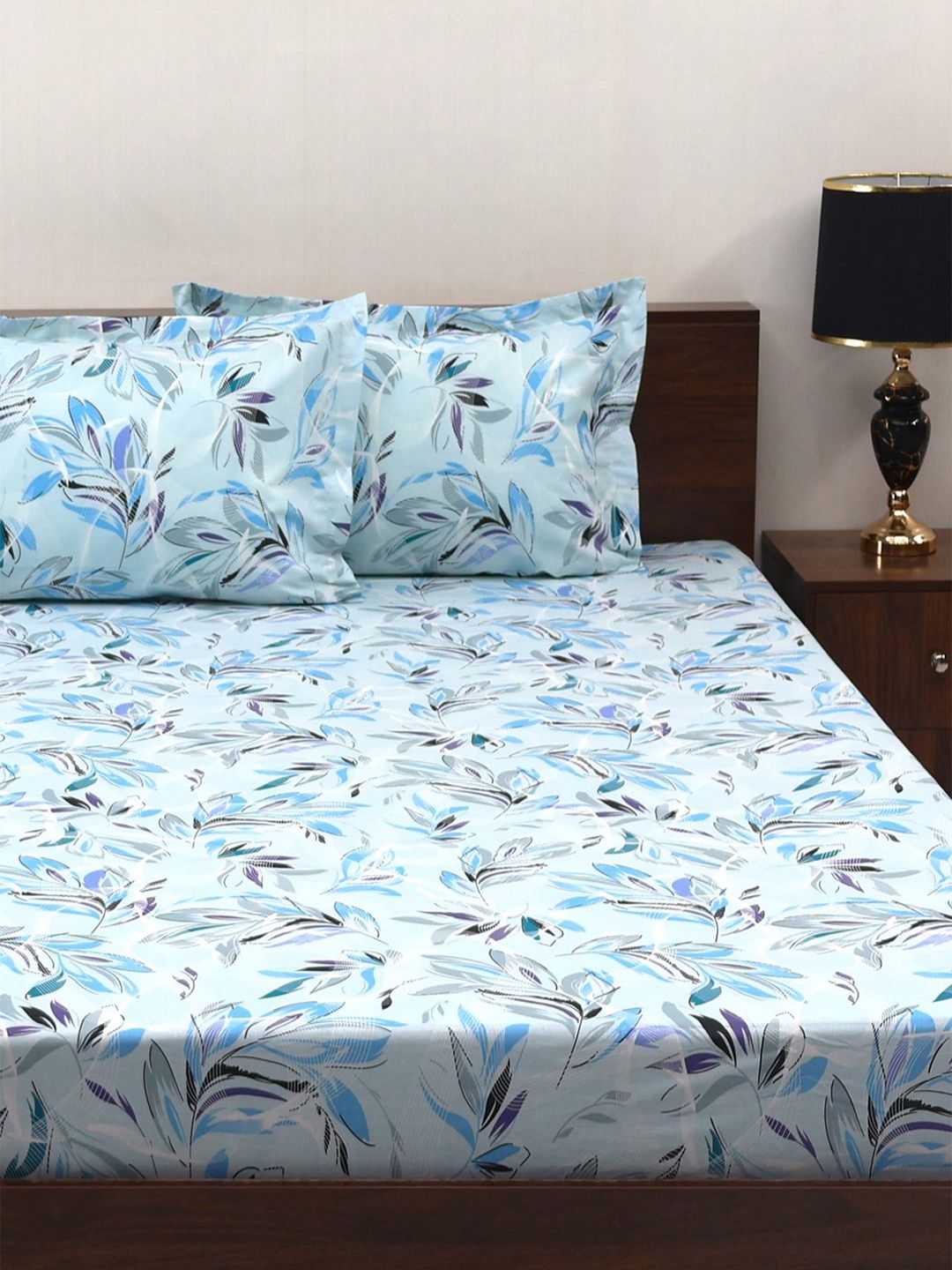 BOMBAY DYEING Floral Fiesta Blue Floral Cotton 140 TC Queen Bedsheet Set 2.54 m x 2.28 m