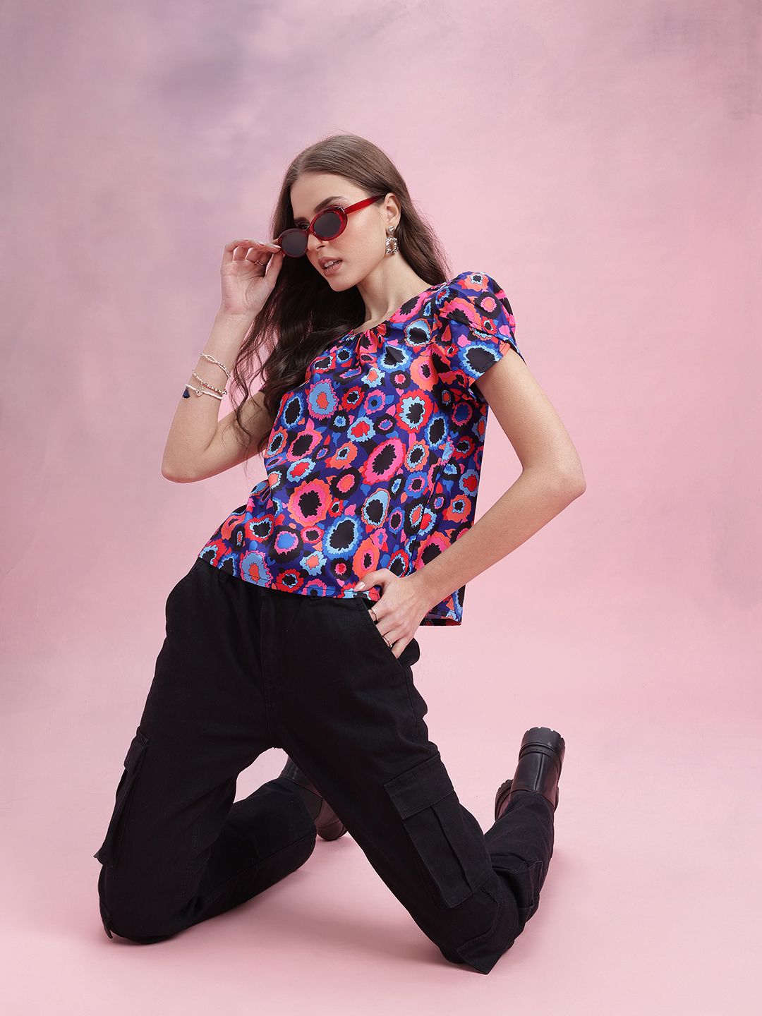 DressBerry Abstract Printed Petal Sleeve Top