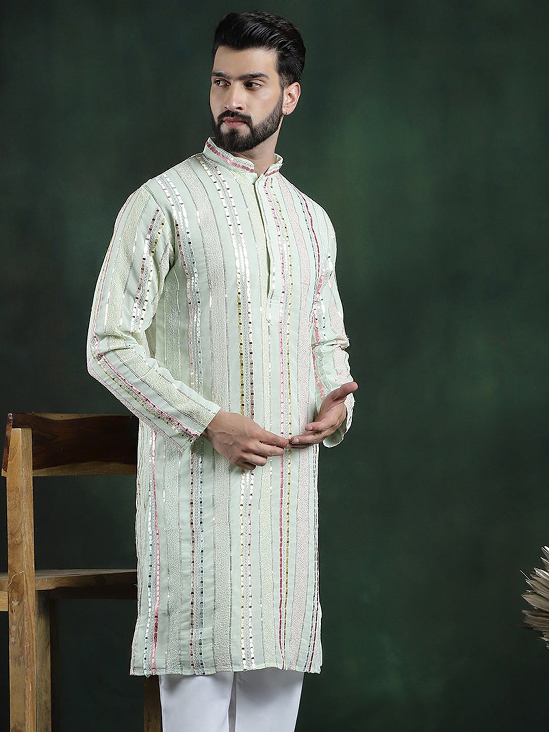 SOJANYA LUXE Striped Thread Work Georgette Straight Kurta