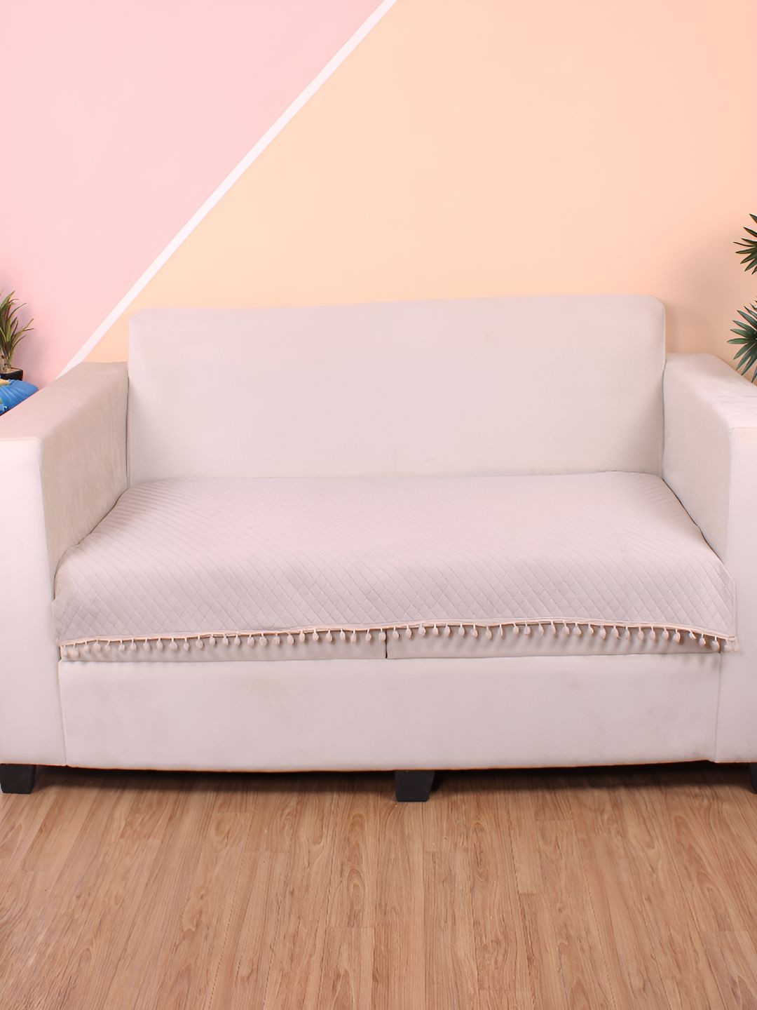 STITCHNEST Beige Self Design 2 Seater Sofa Cover