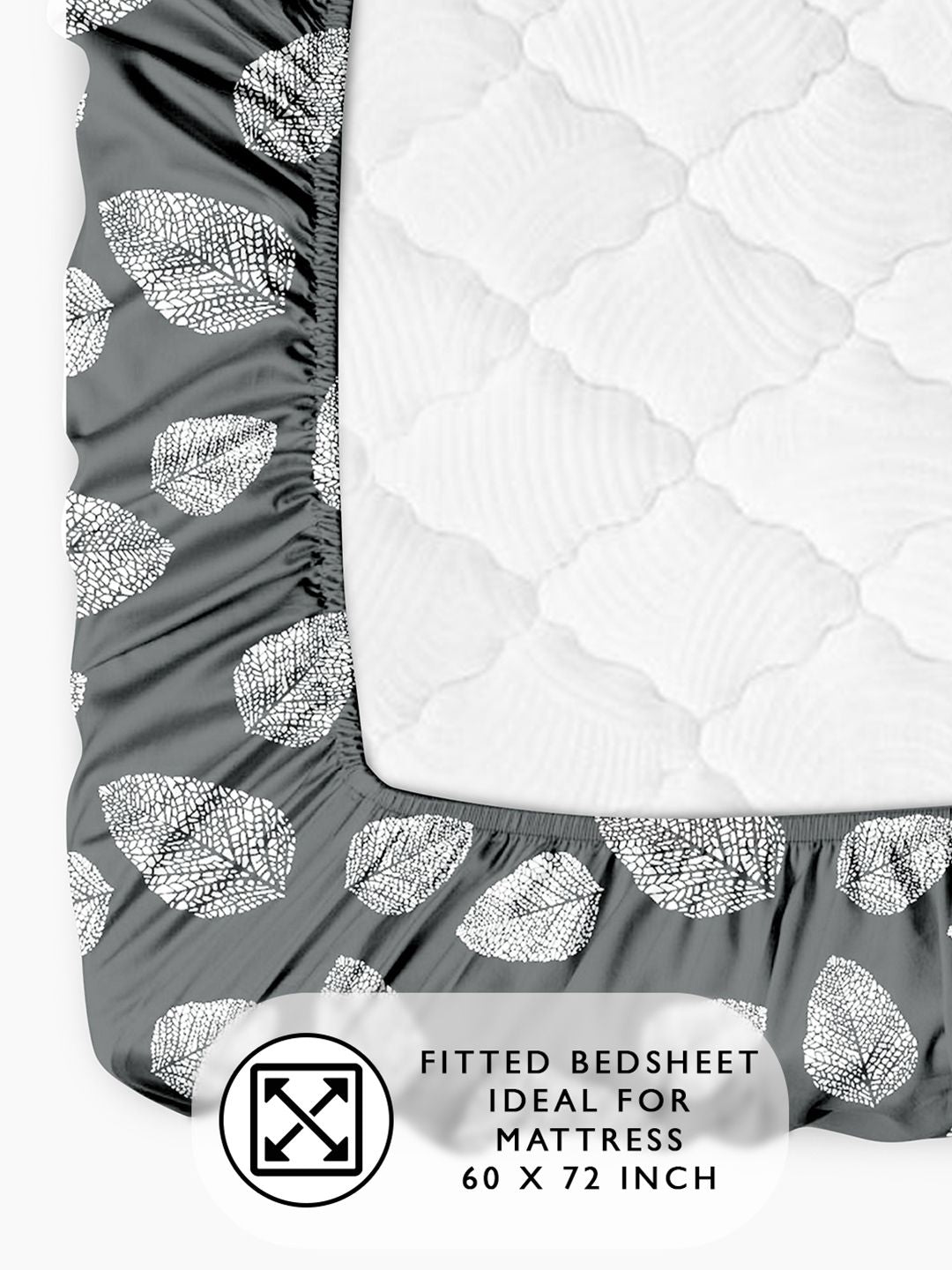Story@home Dark Grey & White 180 TC Floral Queen Fitted Bedsheet With 2 Pillow Covers