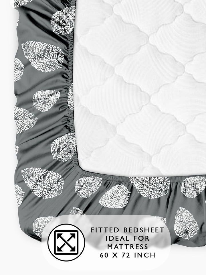 Story@home Dark Grey & White 180 TC Floral Queen Fitted Bedsheet With 2 Pillow Covers