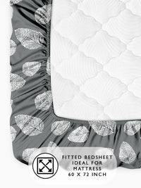 Story@home Dark Grey & White 180 TC Floral Queen Fitted Bedsheet With 2 Pillow Covers