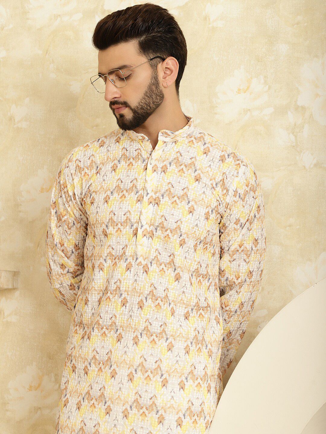 SOJANYA Ethnic Motifs Embroidered Mandarin Collar Pure Cotton Kurta with Churidar