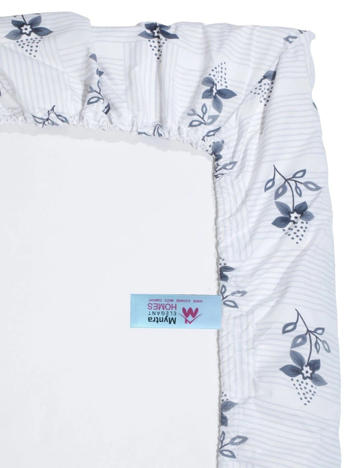 Myntra Elegant Homes White & Grey Floral 300 TC Single Bedsheet with 1 Pillow Covers
