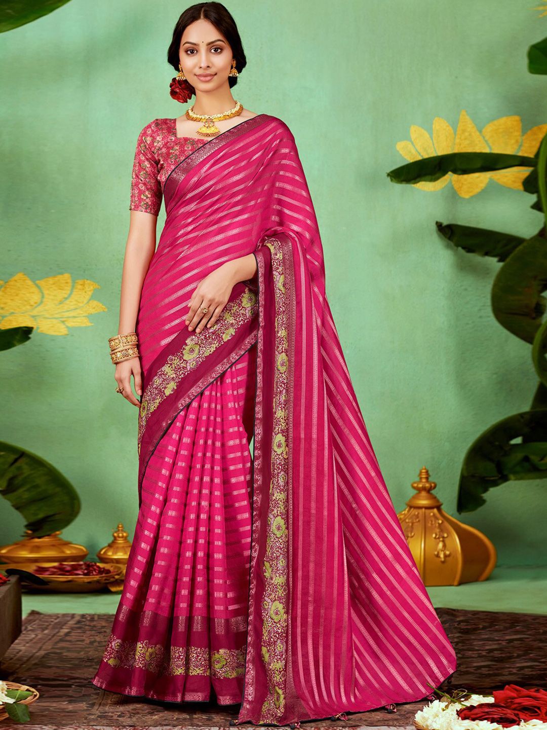 Saree mall Striped Woven Design Zari Silk Saree