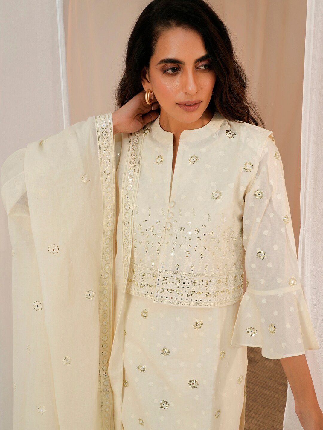 Libas Floral Embroidered Regular Sequinned Pure Cotton Kurta With Trousers & Dupatta