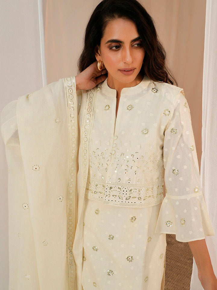 Libas Floral Embroidered Regular Sequinned Pure Cotton Kurta With Trousers & Dupatta