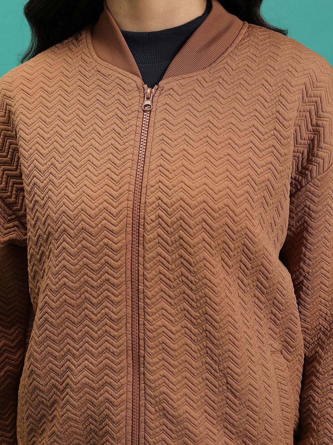 Tokyo Talkies Brown Chevron Textured Bomber Jacket