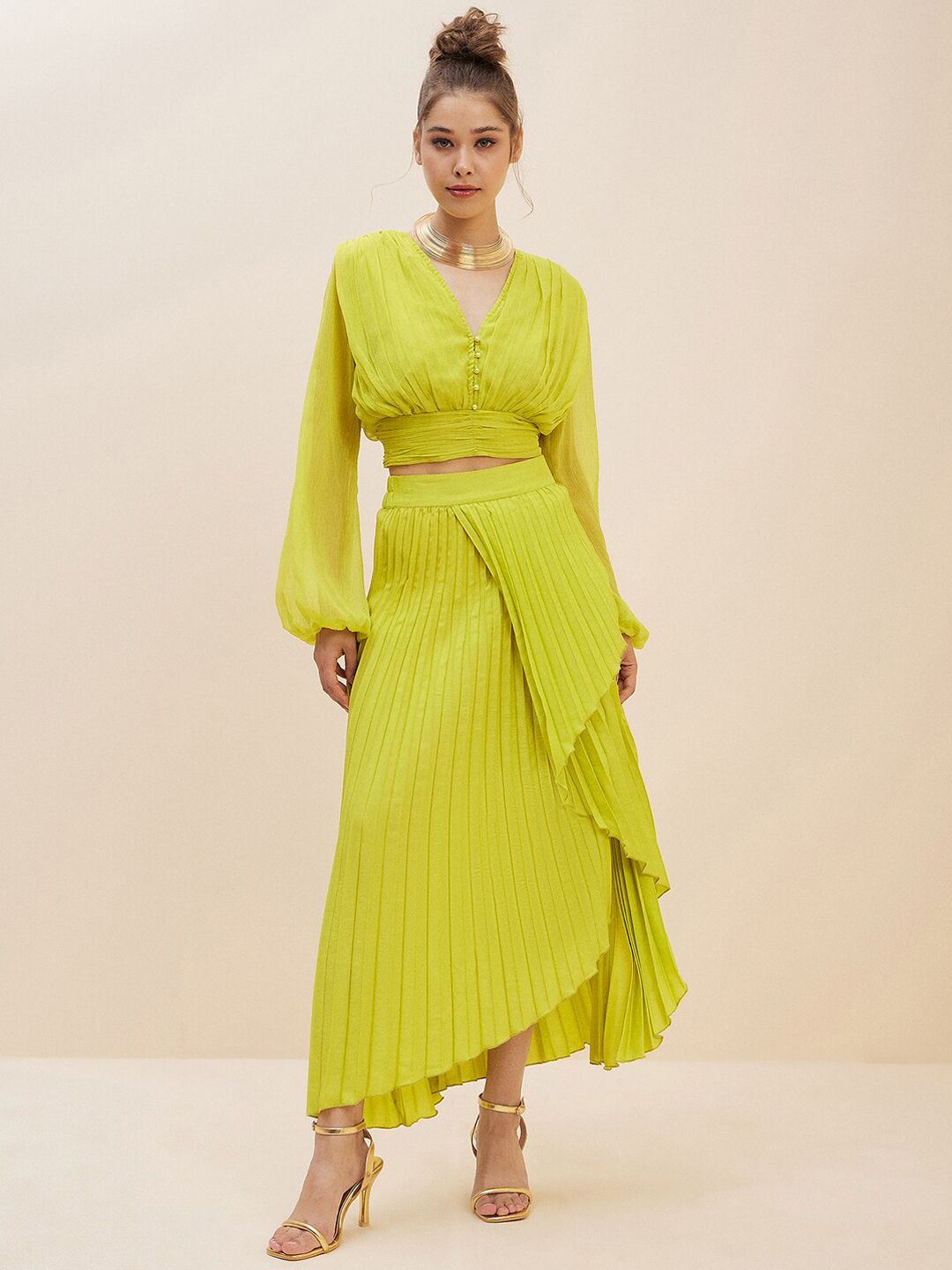 Antheaa Lime Green Crop Top With Accordion Pleated Overlap Assymetric Skirt