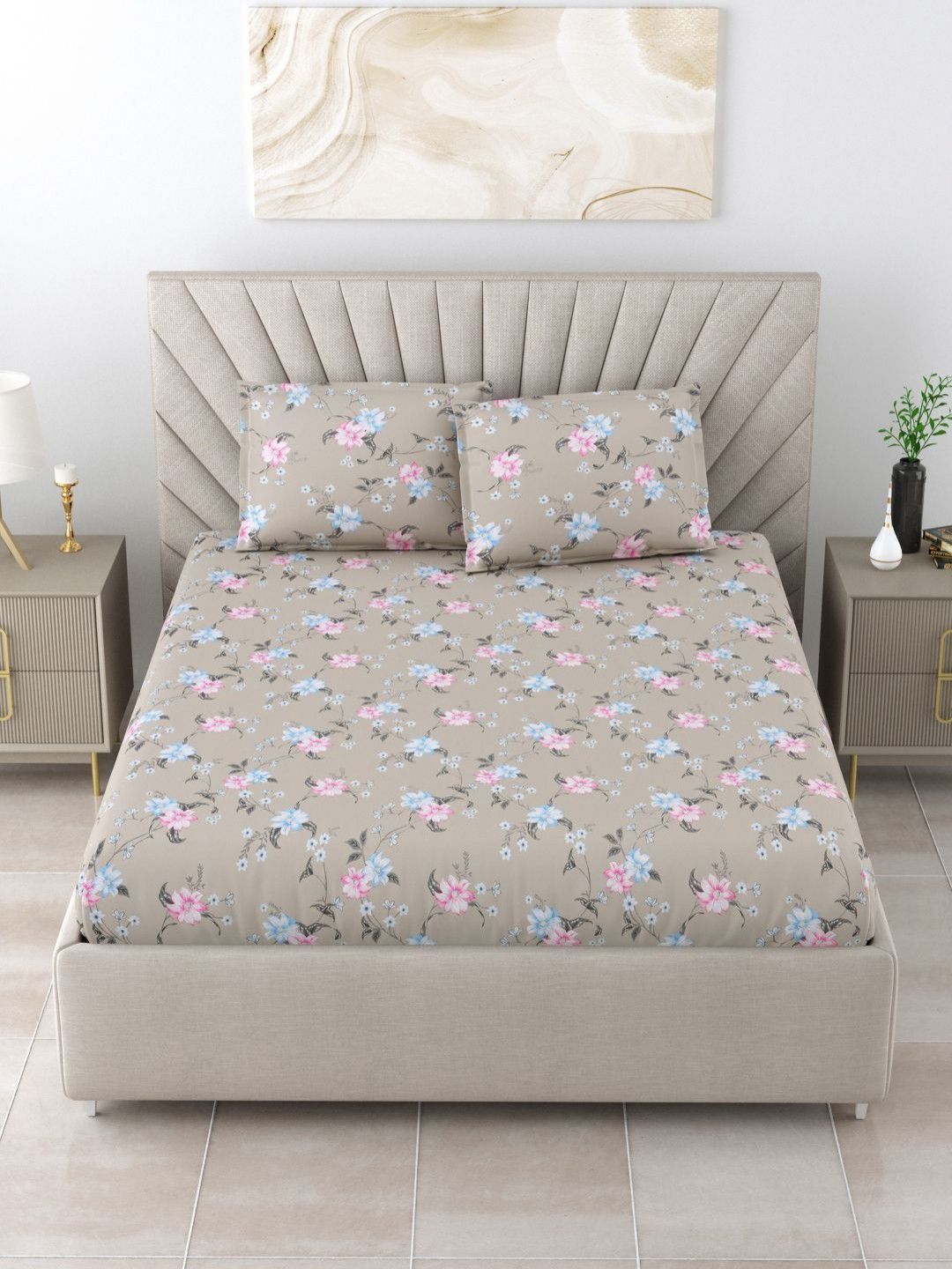 BOMBAY DYEING Florentine Grey Printed Pure Cotton 144 TC Queen Bedsheet Set 2.28 X 2.54 m