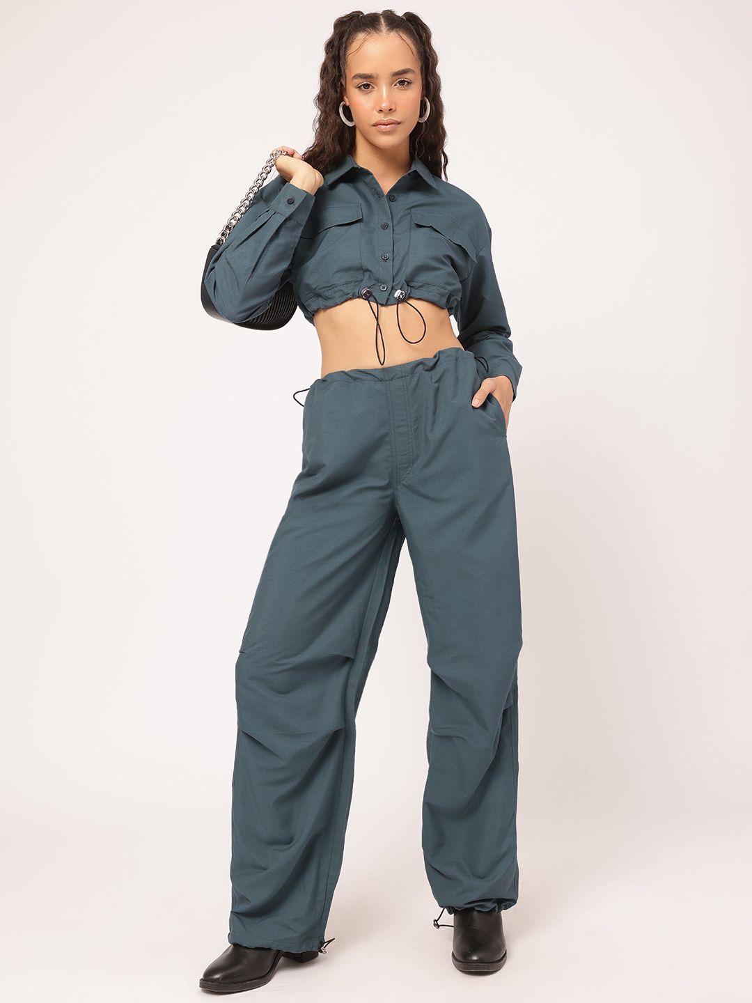 DressBerry Relaxed Refinement Crop Shirt & Parachute Pants Co-Ords with Toggles