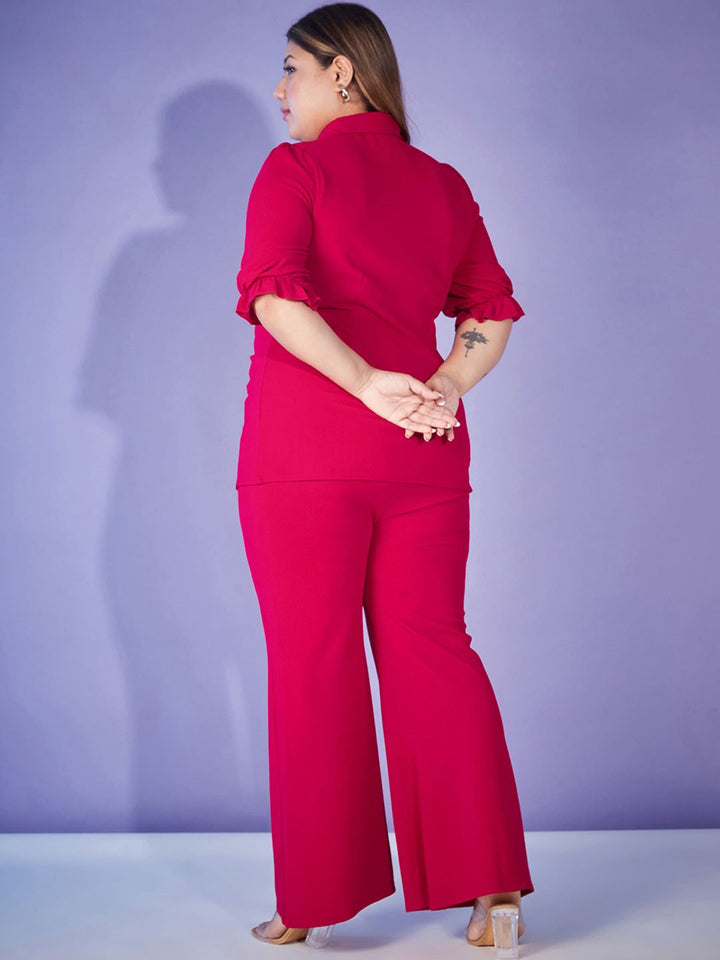 SASSAFRAS Curve Fuchsia Pink Plus Size Self Design Shirt With Trouser Co-Ords