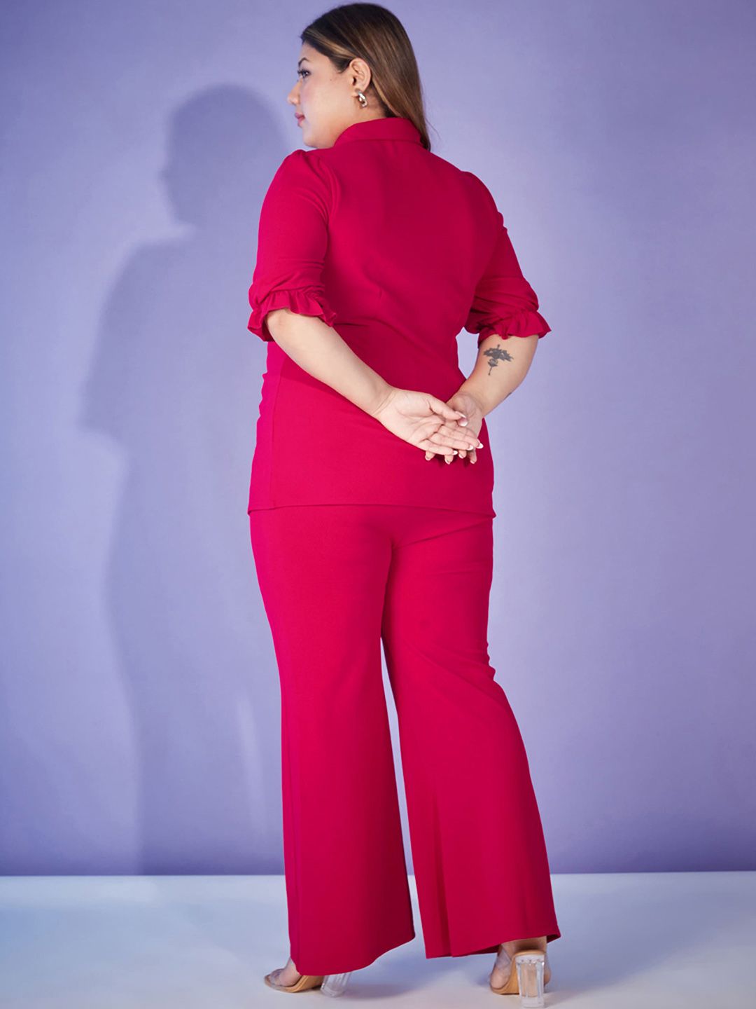 SASSAFRAS Curve Fuchsia Pink Plus Size Self Design Shirt With Trouser Co-Ords