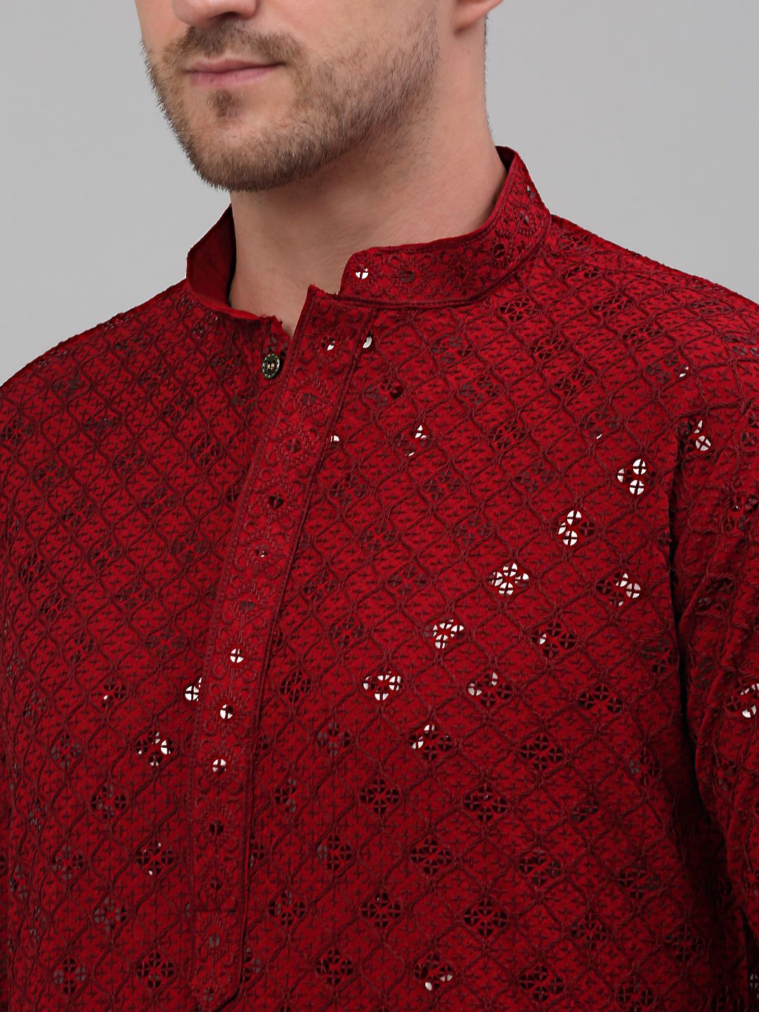 Jompers Mandarin Collar Embroidered Chikankari Straight Kurta With Pyjamas