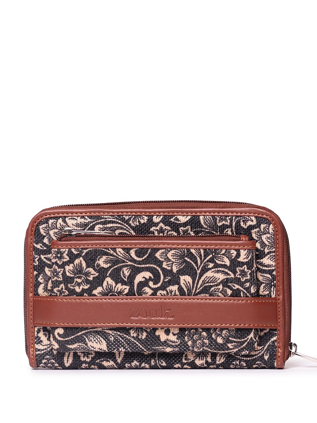 ZOUK Women Navy Blue & Brown Printed Vegan Leather Zip Around Wallet