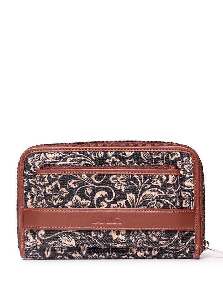 ZOUK Women Navy Blue & Brown Printed Vegan Leather Zip Around Wallet