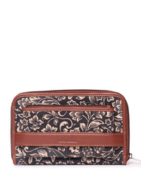 ZOUK Women Navy Blue & Brown Printed Vegan Leather Zip Around Wallet