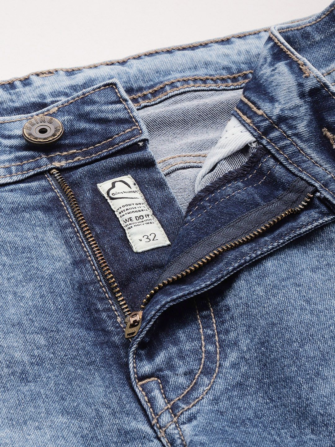 Being Human Men Straight Fit Low Distress Heavy Fade Stretchable Jeans