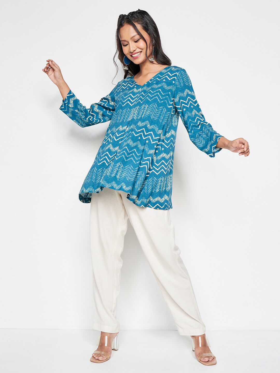 Global Desi Geometric Printed V-Neck A-Line Top