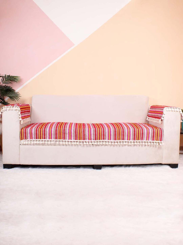 STITCHNEST Red & Yellow Jacquard Printed 3-Seater Sofa Cover