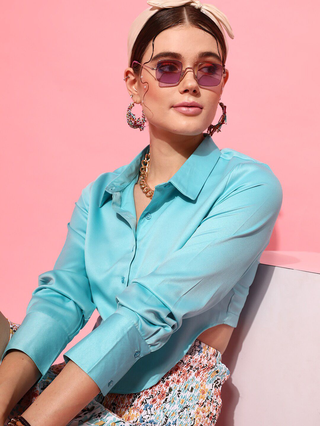 STREET 9 Turquoise Blue Shirt Style Crop Top