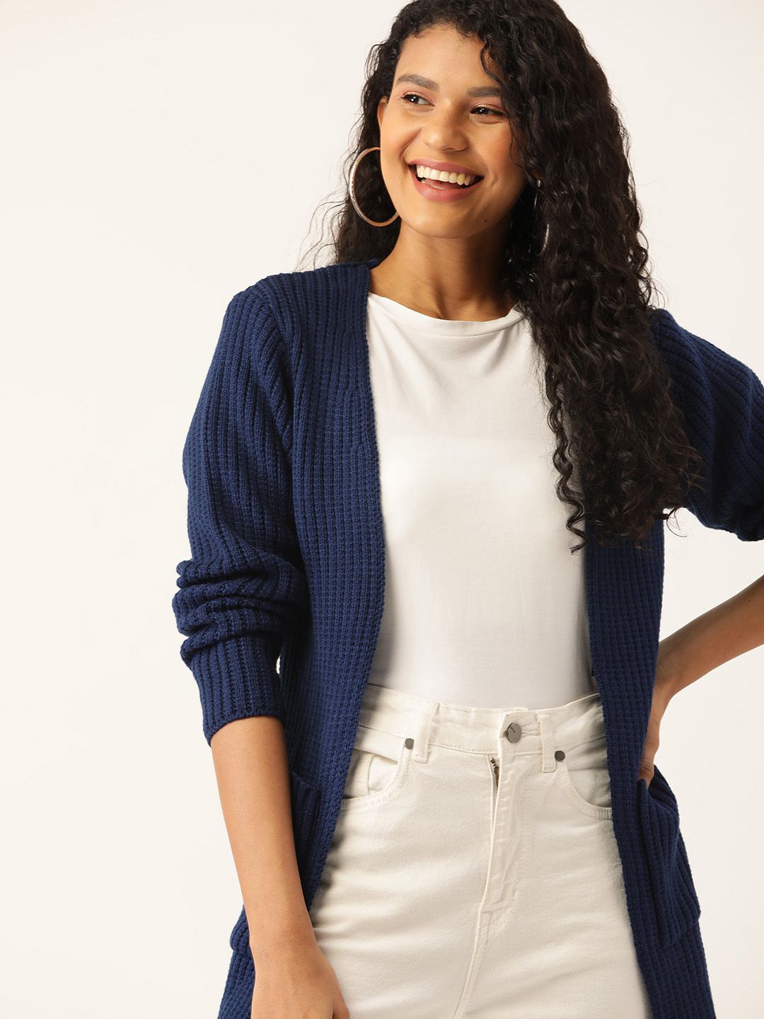 DressBerry Women Navy Blue Ribbed Longline Front-Open Sweater