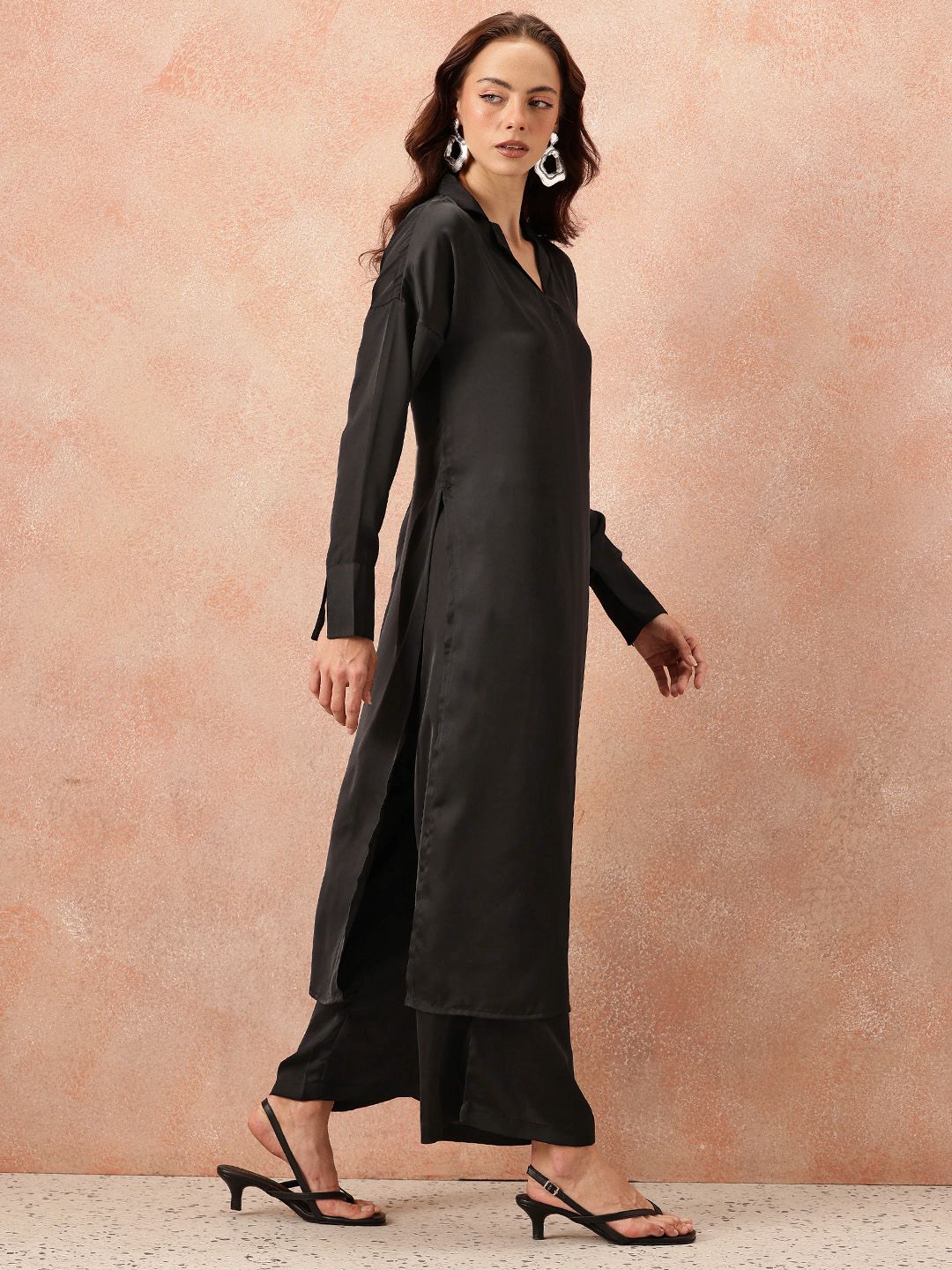 all about you Notched Lapel Collar Drop-Sleeves Satin Straight Kurta with Palazzos