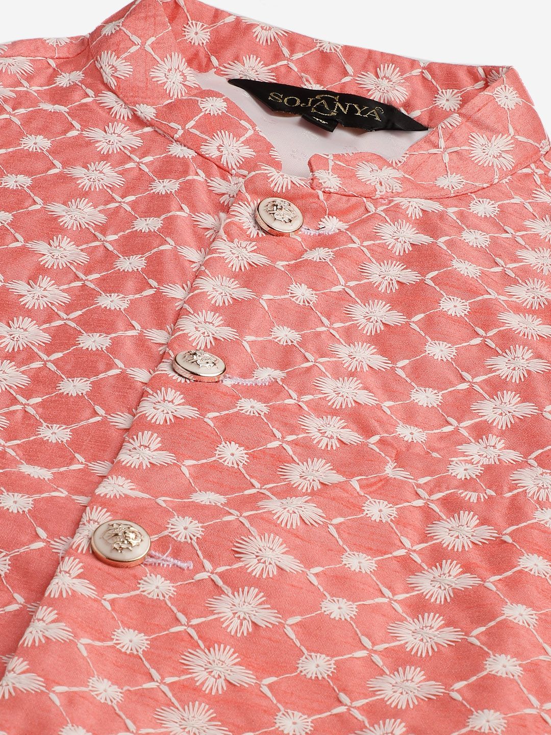SOJANYA Lelaki Kurta Bersulam Warna Peach & Putih dengan Piyama & Jaket Nehru