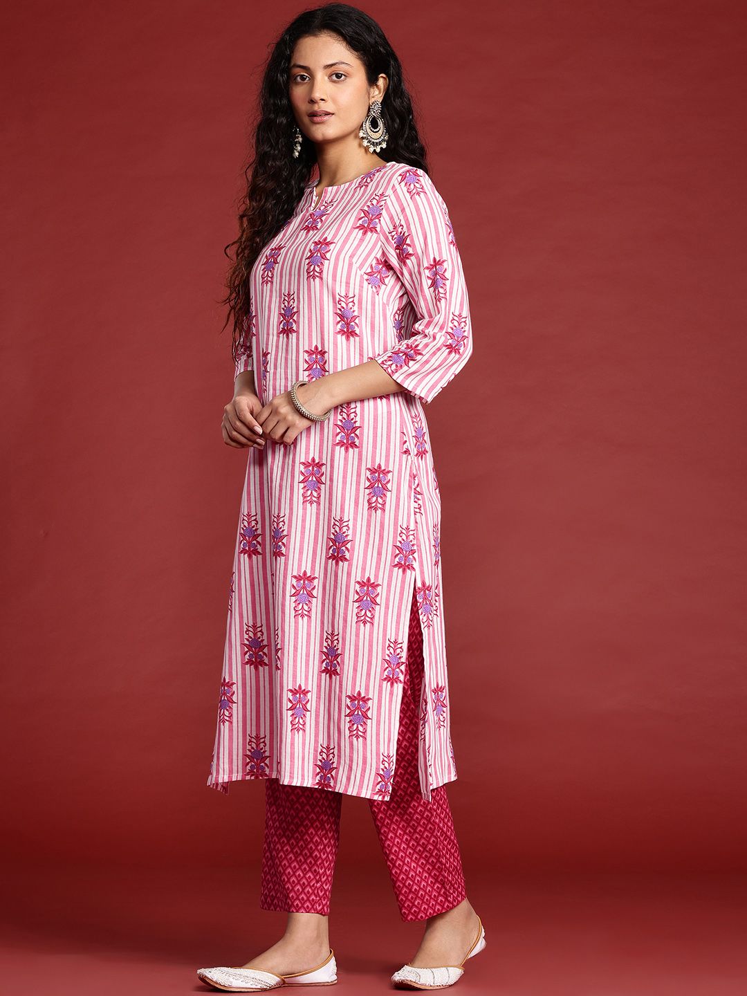 Anouk Striped Regular Cotton Kurta with Trousers & With Dupatta