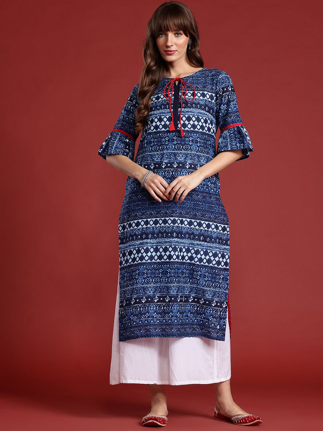 Anouk Ethnic Printed Flared Sleeves Indigo Pure Cotton Kurta