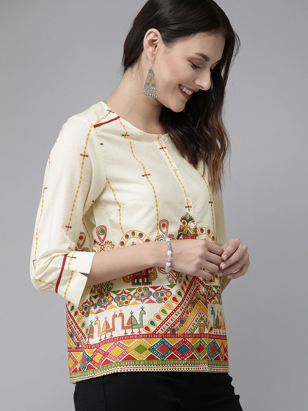 Anouk Beige & Red Antiviral Finish Ethnic Motifs Anti-Viral Pure Cotton Top