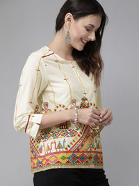 Anouk Beige & Red Antiviral Finish Ethnic Motifs Anti-Viral Pure Cotton Top