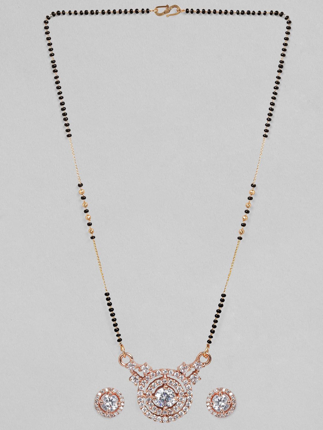 Rubans 18K Rose Gold-Plated Cubic Zirconia Studded Mangalsutra Set with Black Beads