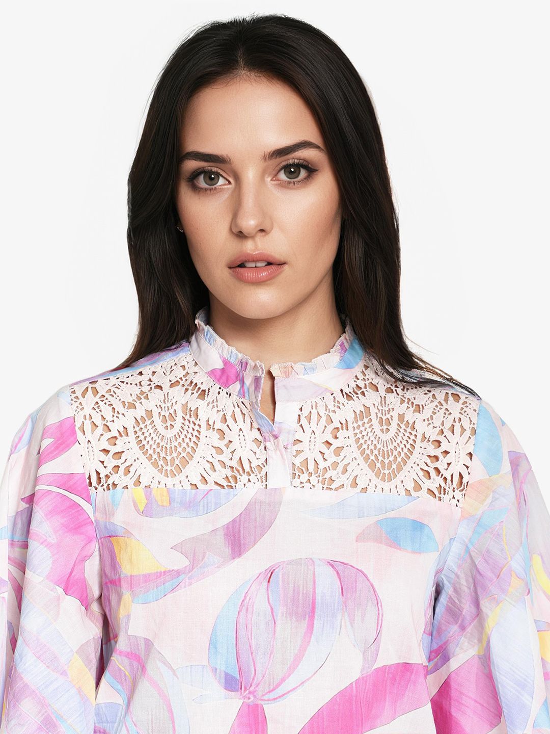 RAREISM High Neck Floral Print Flared Sleeve Cotton Top