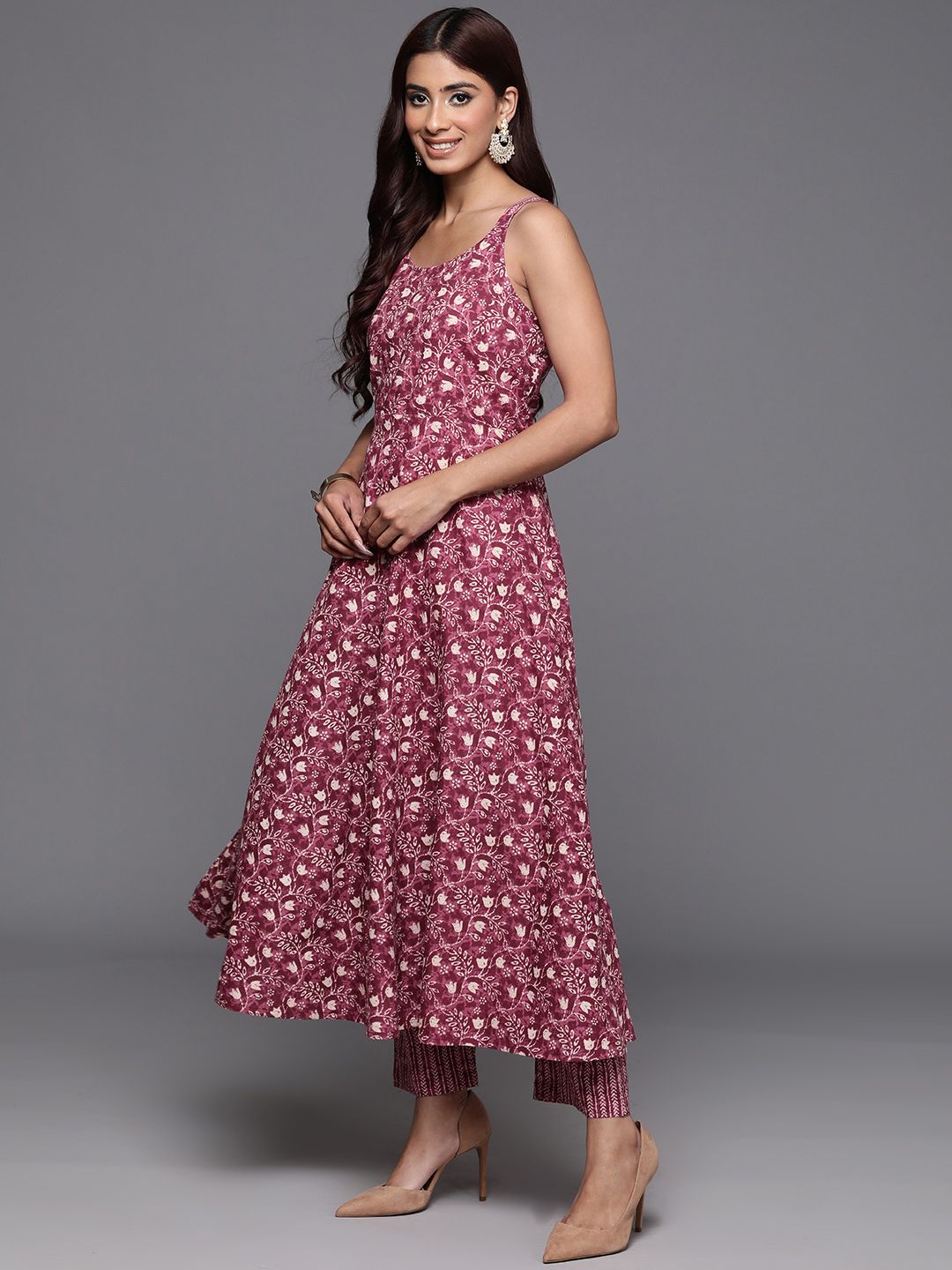 Varanga Floral Printed Pure Cotton Anarkali Kurta with Trousers & Dupatta