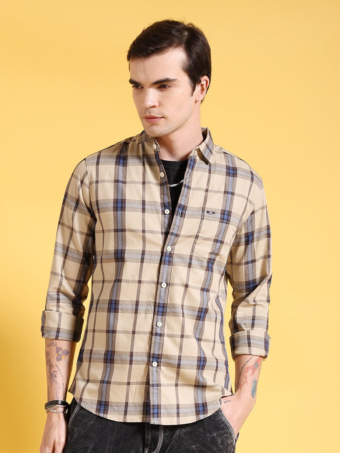 The Indian Garage Co Slim Fit Checked Twill Weave Pure Cotton Casual Shirt