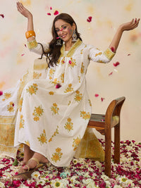 Indo Era Women Floral Printed Pleated Beads and Stones Pure Cotton Kurta with Trousers & With Dupatta
