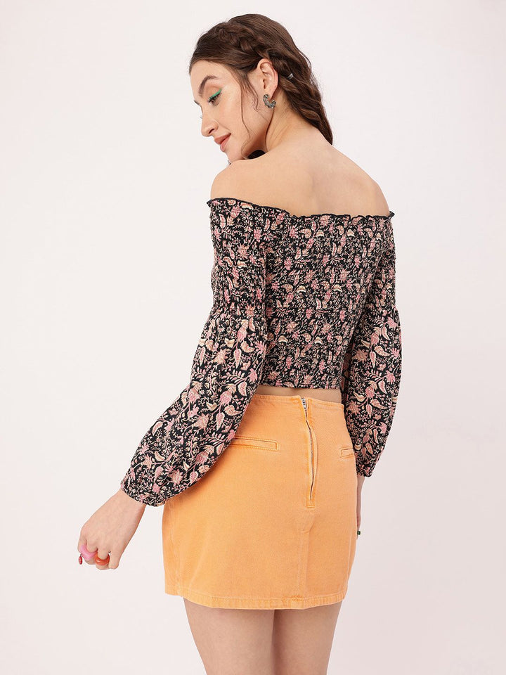 DressBerry Smocked Floral Printed Off-Shoulder Fitted Crop Top