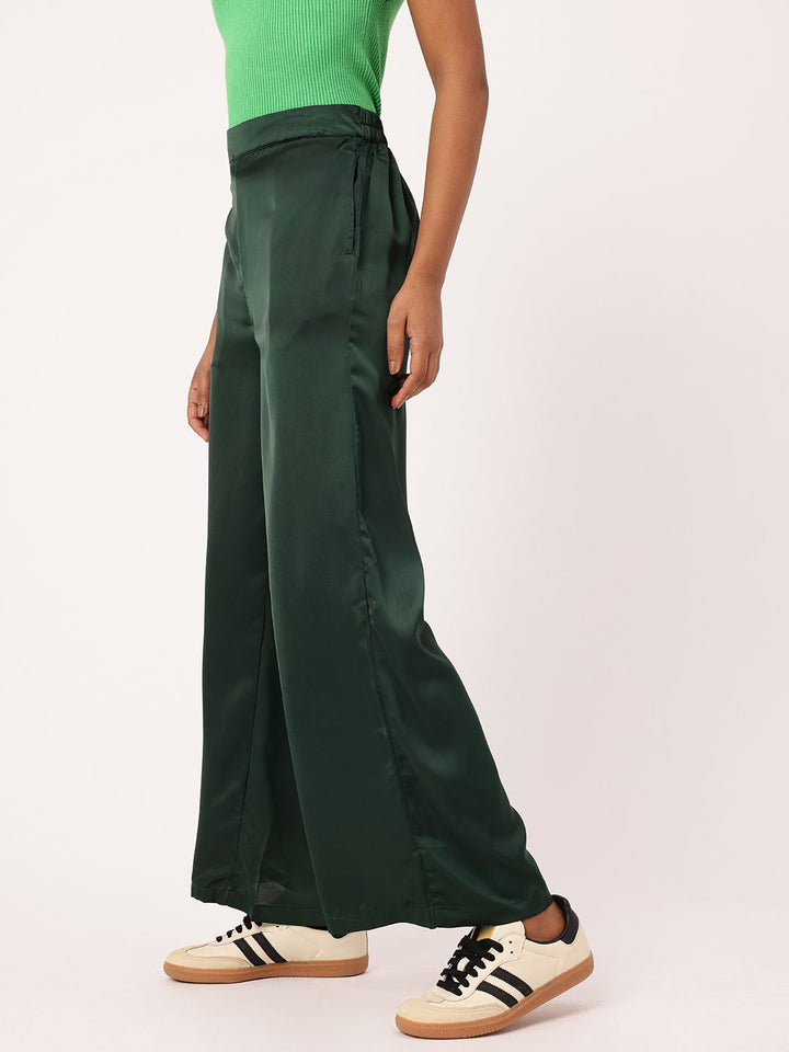 DressBerry Women Urban K-Twist Vibes Flared High-Rise Satin Finish Parallel Trousers