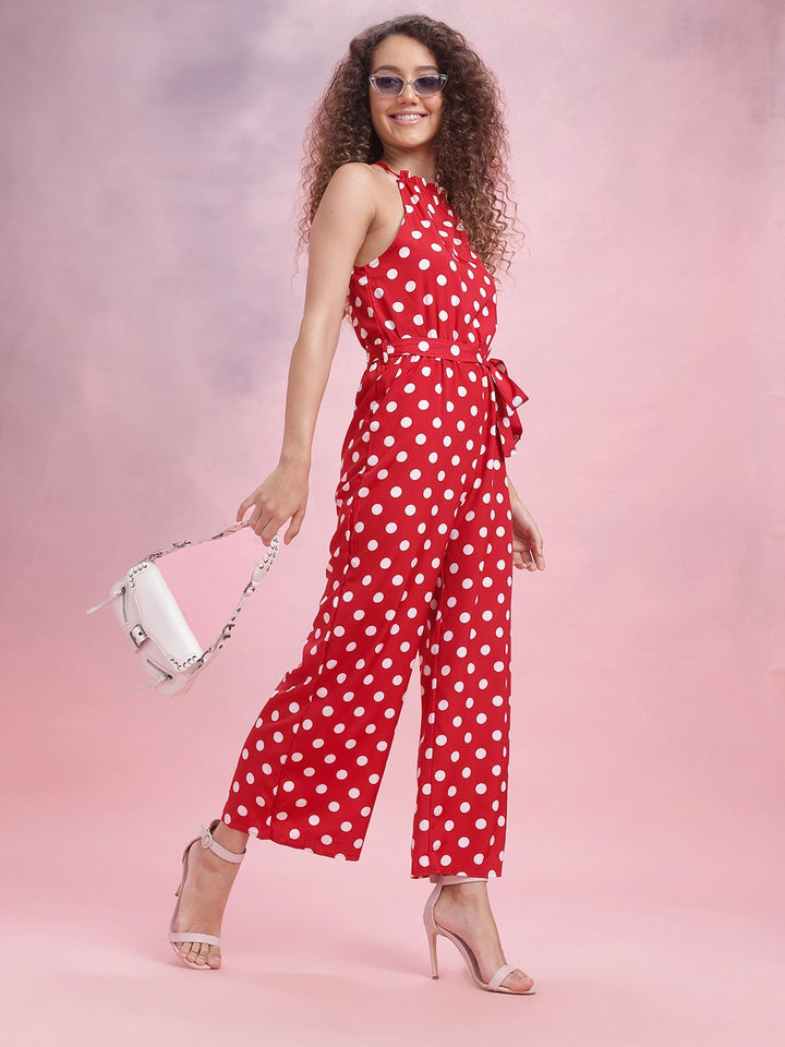 DressBerry Polka Dots Print Basic Jumpsuit with Belt
