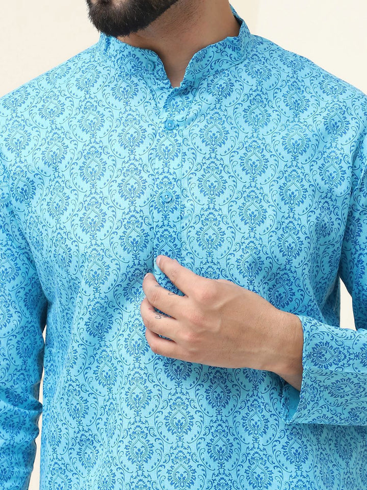 SOJANYA Motif Etnik Printed Band Collar Leher Lengan Panjang Kurta Kapas Tulen