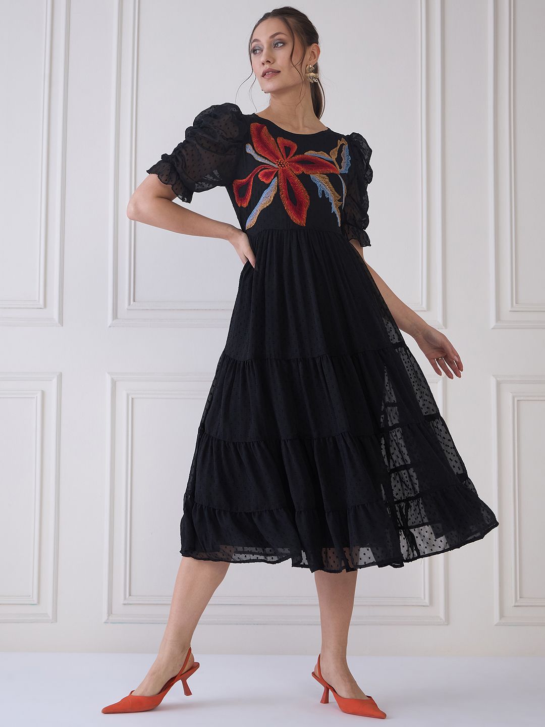 Antheaa Embroidered Round Neck Puff Sleeve Tiered Fit & Flare Midi Dress