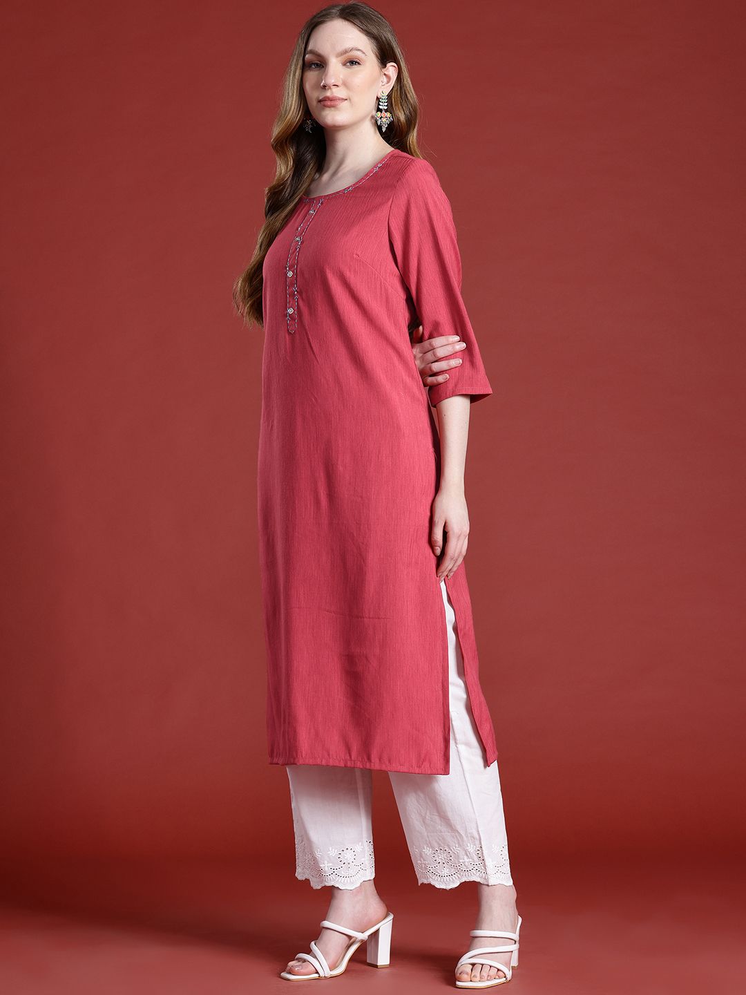 Anouk Thread Work Detail Calf Length Straight Kurta with Mock Buttons