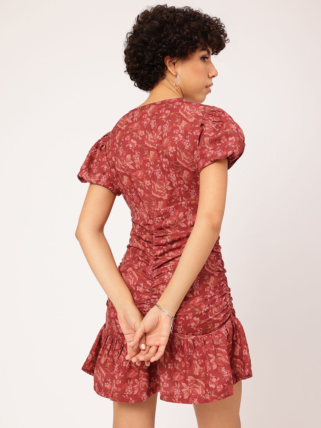 DressBerry Terracotta Tones Floral Femme Ruched Mini Dress