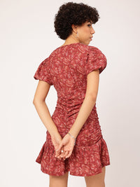 DressBerry Terracotta Tones Floral Femme Ruched Mini Dress